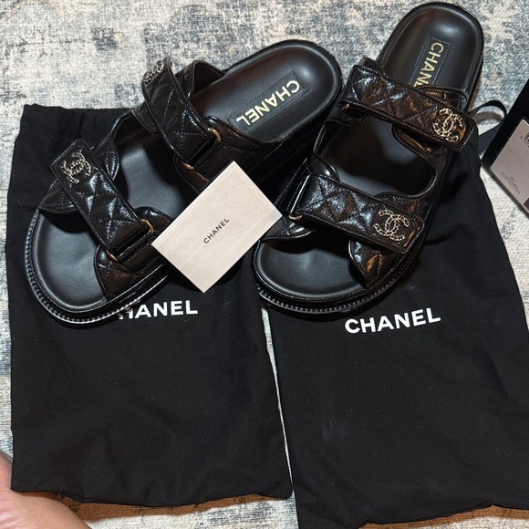 CHANEL Black Quilted Double-Strap Leather Slides with CC Logos “dad sandals” - Picture 2 of 5
